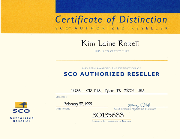  SCO Unix Reseller Certificate